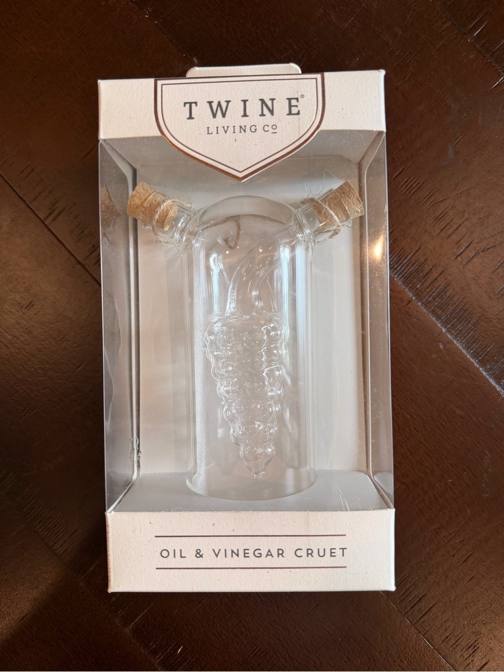 Twine Living Co. Glass Oil & Vinegar Cruet Dual Chamber Cork Stopper NIB